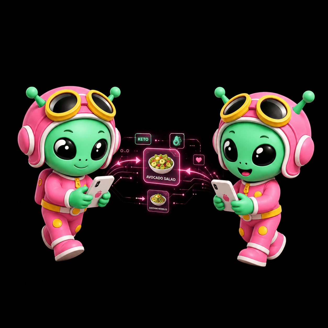 Two KetoPilot mascots sharing recipe ideas